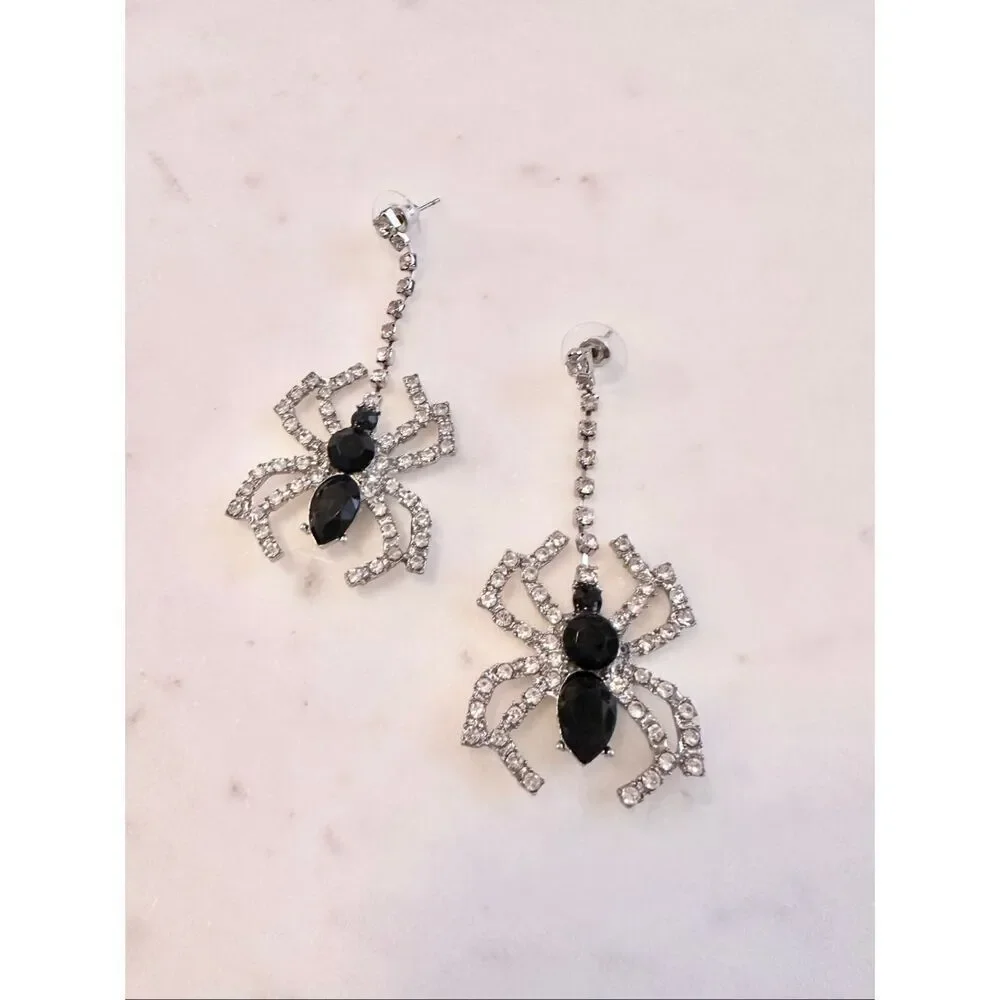 Halloween black rhinestone dangle spider earrings
